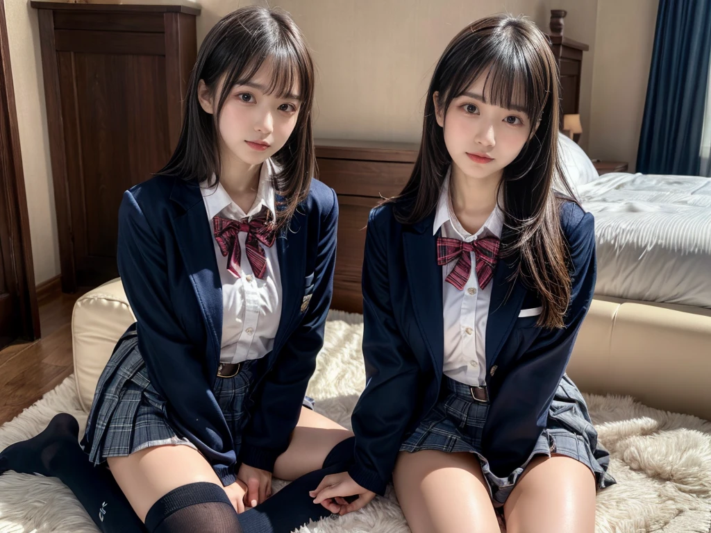(8K, Raw photography, top-quality, masterpiece:1.2), master piece, best quality, illustration, Super detailed, fine details, High resolution, 8K,wall paper, perfect dynamic composition,(Details High quality, realistic depiction of eyes:1.3), ((2 girls, 2 schoolgirls)), The background is a luxury hotel room、High school girl uniform、blazer 、Super Short Check Uniform Skirt、Navy blue high socks、garterbelts、Colossal tits、Disturbed uniform, Play with each other,Touching each other's bodies,Touching the body of the girl next door, short bob hair, black hair color, huge breasts, Big Natural Color Lip, bold sexy pose, (perfect body shape), crying a little、cold gaze, Beautiful makeup,glitter makeup,Cutest 18 years old, beautiful legs, hposing Gravure Idol, Voluptuous thighs