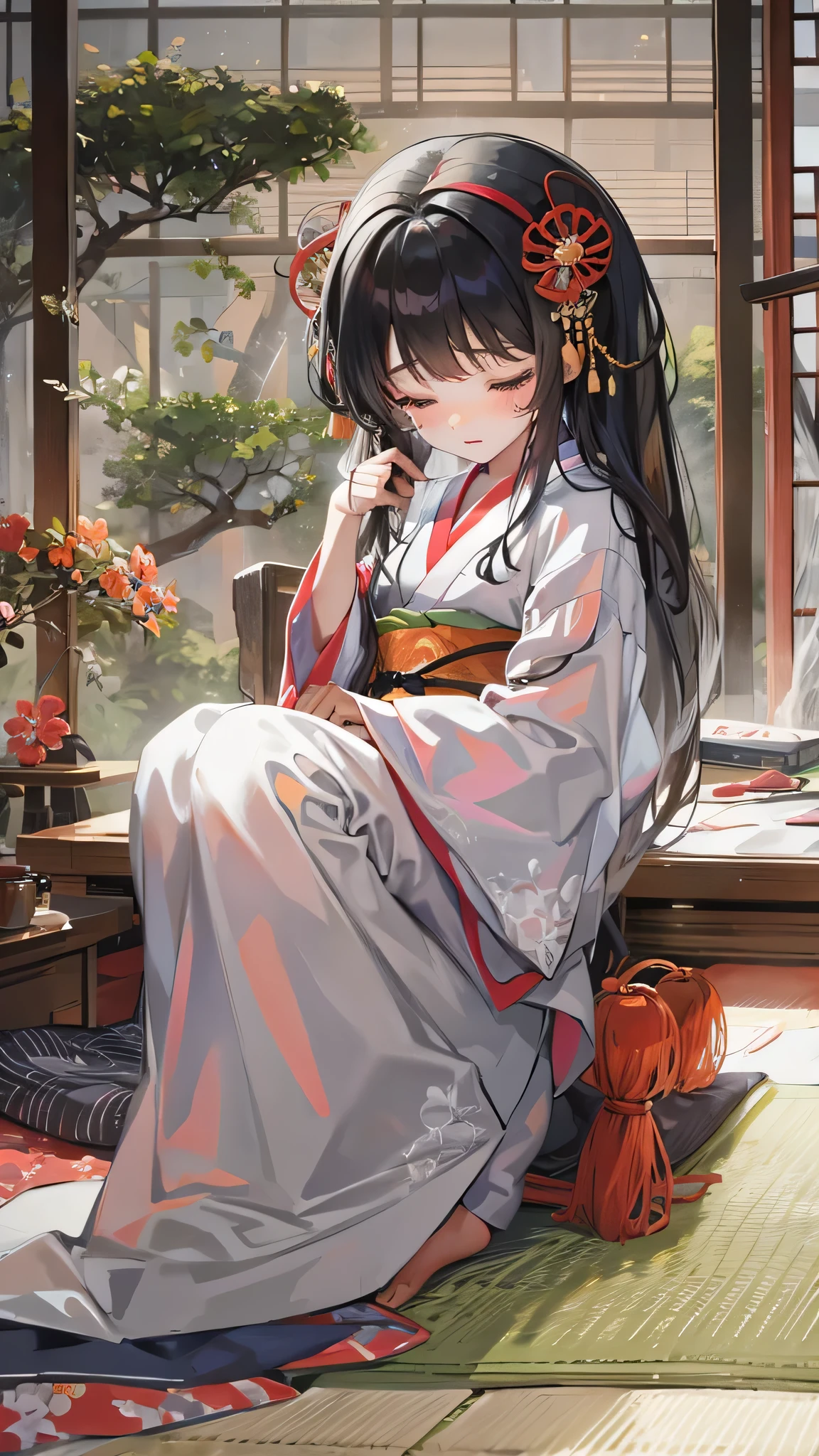 (rest style), (in the japanese bedroom), (sit down on japanese futon) (looking pov) (solo blunt bangs black hair long hair shrine maiden cute girl, joy tears:1.2 closed eyes, to mouth, 15 yo), (in a plain white yukata), BREAK, perfect anatomy, masterpiece, best quality, 16k, beautiful detailed grow, daydreaming expression.