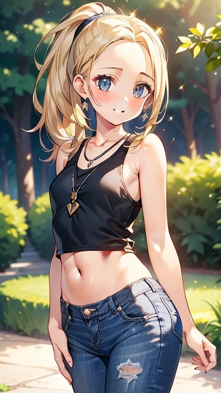 A girl is posing for a photo, cute女の子, 

(((Ultra-high resolution)), ((highest quality)), ((masterpiece)), (Very detailed), (Beautiful sparkle), (Anatomically correct)), ((Realistic)), ((The best CG)), 
CG illustration, 8k, 1080P, Anime 2D Rendering,

(((One Girl))), 
(Symmetrical facial features:1.4, Perfect Face), Beautiful clavicle, (Beautiful fingers), (((Beautiful breasts, Small breasts))), Beautiful body, Beautiful thighs, Beautiful legs, Perfect round ass, 
(((Detailed skin, Oily skin, Textured skin, Beautiful white skin:1.4))), 

(((, cute, 10 s old) eyes, Expression of fine eyes, Beautiful and delicate eyes, Sparkling eyes, Eye Reflexes, Dark Eyes), 
(Beautiful Nose,Thin Nose), 
(Smaller mouth, Glossy lips, Beautiful Lips, Thick lips), 
(Beautiful Hair, Shiny Hair, Shiny Hair), Hair fluttering, (((Blonde, ponytail, Forehead))), 

((Black tank top、Blue denim jacket))、((Blue denim skinny pants)), sneakers, Earrings、Silver Necklace,
BREAK  

(smile、Embarrassed expression、Blushing), 
(Character Focus, Cowboy Shot),  
((noon、Sunlit park)), 

