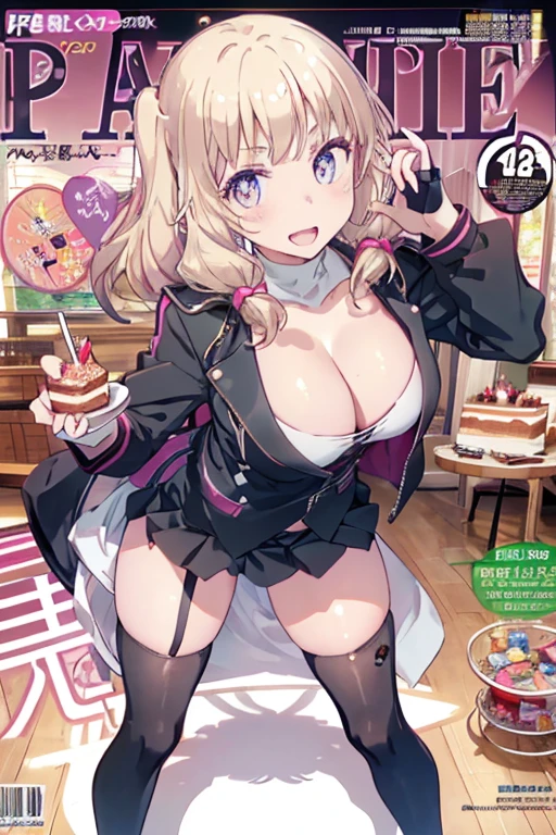 1 girl, small nose, very beautiful detailed face and eyes, bright colors, cute face, delicate beautiful face, Bright magenta eyes, cute eyes, sparkling eyes, Big eyes, (big breasts:1.3), (perky chest:1.1), (pointed chest:1.0), (cake magazine cover:1.3)，highest quality, WorKs of masters, High resolution,BlacK color hair，shiny hair, side ponytail,hair between eyes,bangs, (black jacket, real clothes, cleavage, black skirts, black thighhighs, thigh strap, fingerless gloves, single glove:1.2) , spread legs, panties shot, medium hips, glamorous body, white skin, smile, thin pubric hair, super beautiful face, Super beautiful eyes, Super beautiful hair，trendy outfit，sexy and attractive,full body esbian, Real World, Natural light,perfect Natural light,(with sparkling eyes and a contagious smile), This masterpiece is not only visually stunning but also tells, make of cake cooking , in the kitchen, open mouth, looking at viewer,
