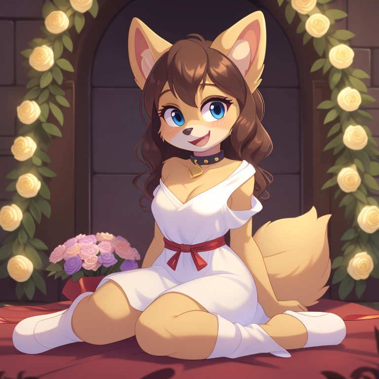 best quality,best resolution,(fluffy anthro furry :1.6),(young :1.6),solo,dog girl,small breasts,gold canine ears,gold dog tail,gold body fur,dark brown long hair,wavy hair,curvy hair,blue eyes,sparkle eyes,glistering eyes,small bell collar,flower hair ornaments,white dress with flower embroidery,raffles,sleeveless,bare shoulder,flowers surronded,floral decoraton ornaments,ribbon bondage,luxury flower shop,looking at viewer,full face blush,shy face,horny smile,open mouth,panoramic view,sitting,gorgeous gown with gold floral embroidered