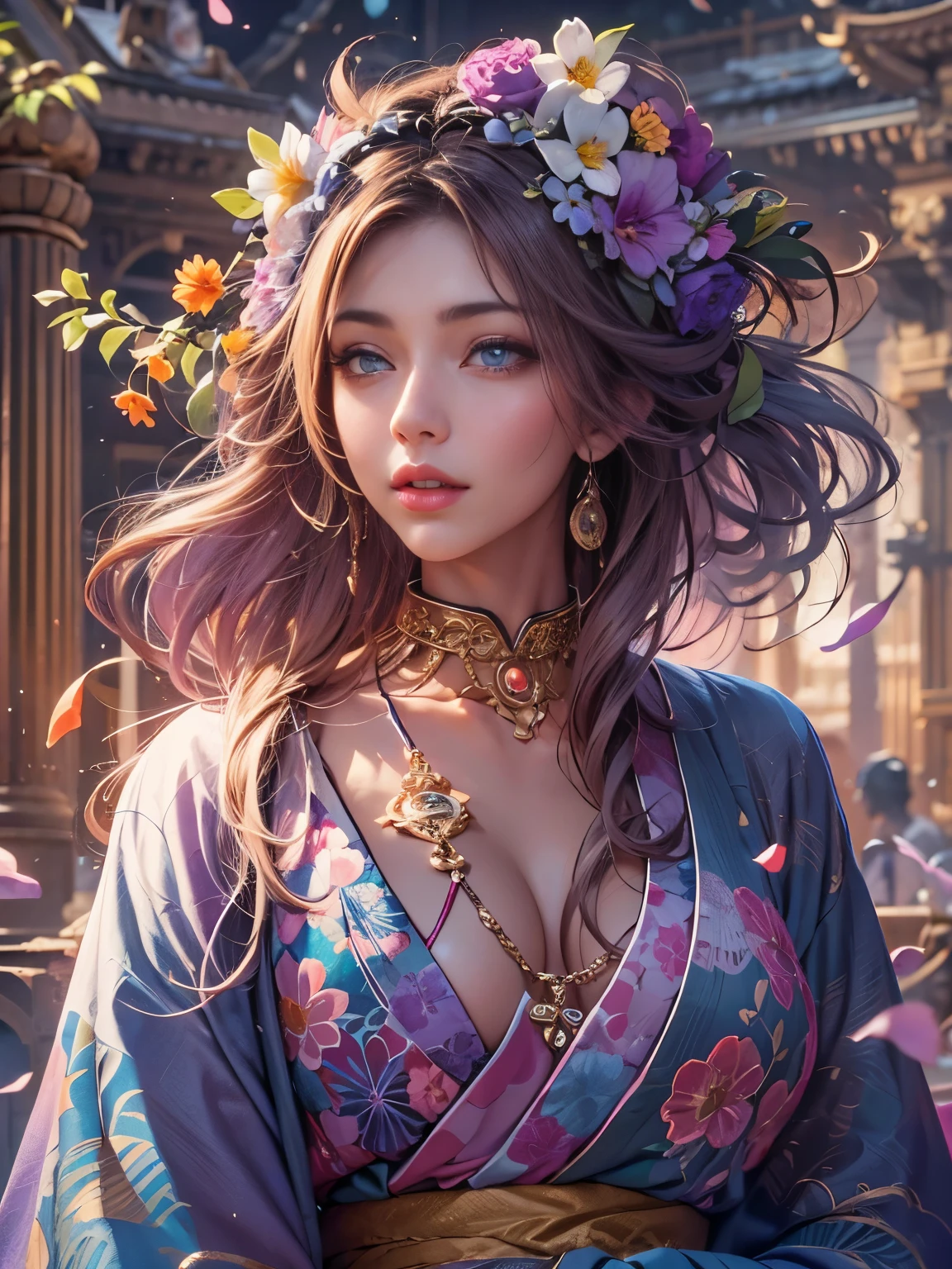 Arabian woman in kimono with flowers on her head, Beautiful digital artwork, Beautiful digital illustrations, Beautiful digital painting, Gorgeous digital painting, Gweiz-style artwork, Photorealistic anime girl rendering, Smooth anime CG art, Beautiful digital art, Amazing digital art with great detail, Amazing digital illustrations, Detailed digital anime art, April Rendering, Beautiful anime portraits, Like a perfect fairy, Flying, Yasutomo Oka's painting style, Big Breasts, Add light purple and purple, Add Light Red, Intricate details, Splash screen, 8K resolution, masterpiece, Meek smile, Big temple, mysterious magic circle background, Buddhist Mandala, Colorful background, aura, Gentle gaze, Break, Blonde, dynamic sexy poses, Strong winds, Mr.々Light source, Colorful light,