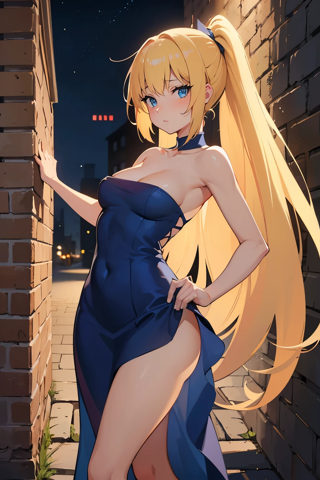 Safe for work, masterpiece, best quality, solo, 1 girl, facing forward, looking at camera, (young female body:1.4), ( medium breasts), slender legs, golden yellow hair, extra long hair, blunt bangs, crystal blue eyes, very detailed eyes, brick wall, nighttime, ponytail, dark alleyway, leaning on wall, dark blue dress, form fitting dress,  flustered expression, arched back, arching her back, extra short dress, very short blue dress, sleeveless dress, chest pressed against wall, leaning against wall, both hands on wall, arched back, strapless dress, backless dress, exposed back, leaning forward,  drunk girl