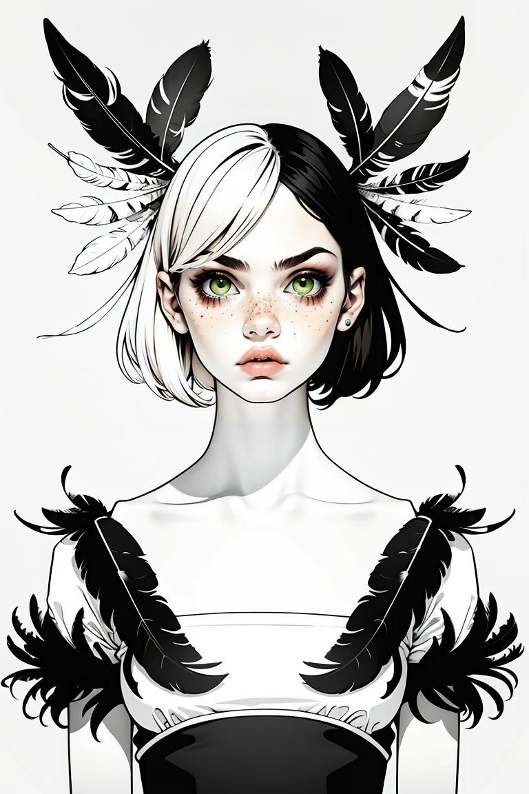 partial coloring, Line style, (masterpiece, best quality:1.2), (Simple background:1.5), 1 Girl, (Black and white feathers, Symmetrical composition:1.25)
