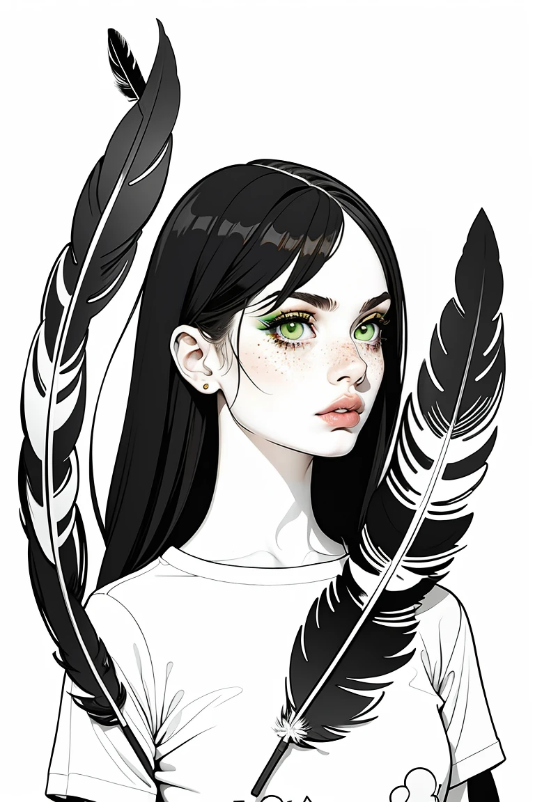 partial coloring, Line style, (masterpiece, best quality:1.2), (Simple background:1.5), 1 Girl, (Black and white feathers, Symmetrical composition:1.25)
