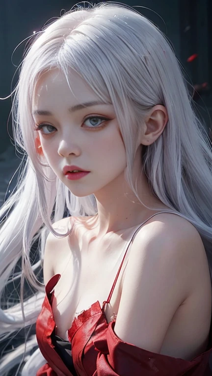 cute_girl,Little Ghost,Fair_skin,,Oval face,Light_blush,Red Eyes,demon_wing,lol,(white hair), long red hair, Red Eyes, (whole body), angry face, (Beautiful and delicate eyes), Blood Drop,Blood Mist, Flowing hair, disheveled hair, Splashing blood,(Blood),Light腿，Half Body