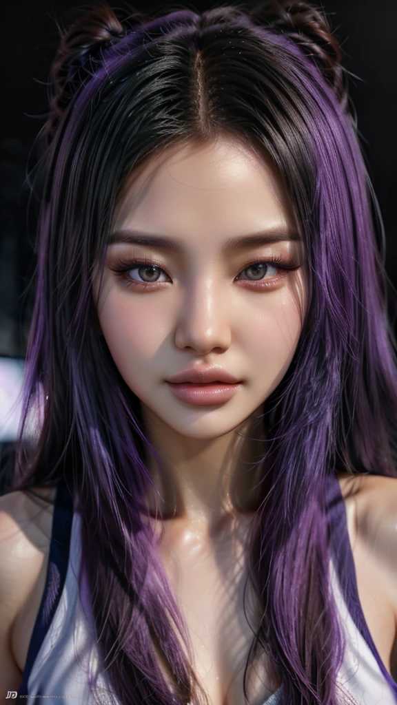 an asian woman with Purple White Gradient Long Hair, 3d artist, 3d model, in the style of realistic and hyper-detailed renderings, In different, Kind, anime-inspired characters, realistic portraiture, heistcore, dragoncore, delicate realism, dynamic and expressive animations --ar 3:4 --niji 5 --style expressive 
