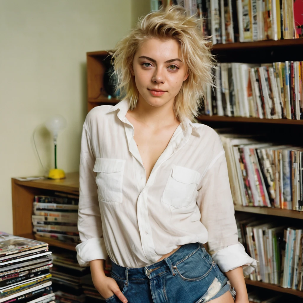best quality, depraved girl wears unbuttoned shirt, ((looking at viewer)), blonde hair, green eyes, very short hair, spiky hair, ahoge, small panties, 171cm, messy hair, hair between eyes, flat breasts, plump, pale skin, tomboy, adult, 20 years old, 1girl, solo, sole, grin, wide hips, thighs, standing, messy room, bedroom, shelves, DVDs, books, video games, computer, CDs, vinyl records, VHS tapes, caravaggio style