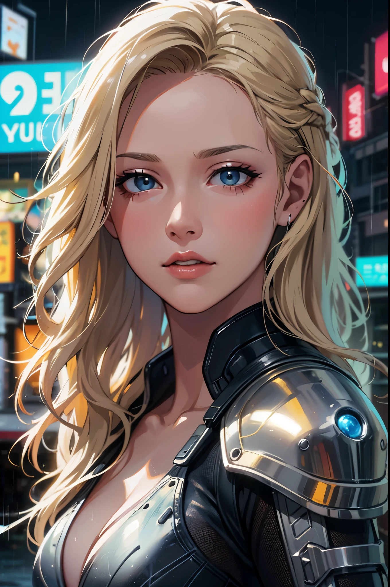 HD, (The finest details), (best quality), 2D, Cartoon,cartoon,excellent quality, masterpiece, best quality, Ultra Detailed, Super detailed a beautiful woman, Blonde Hair,Delicate face, portrait, Hold a glowing sword, Cyberpunk Background, Reality, Ultra Detailed, 16K, HDR, Hong Kong style, HD, masterpiece, best quality, Ultra Detailed, Super detailed,rain, Rainy weather,