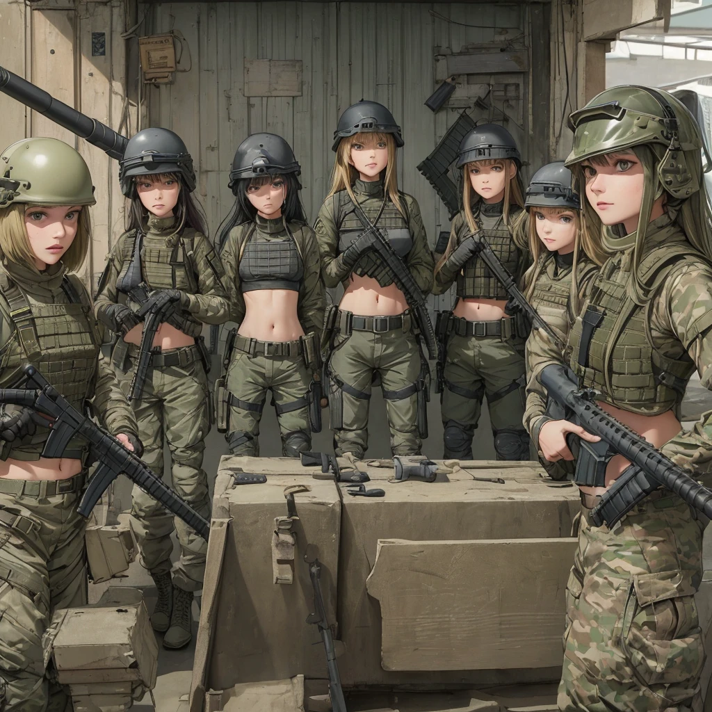 An army of Womens in crop top military bulletproof vest , military green cargo pants, belt, military helmet, tactical, ((((everyone open navel)))), ((((holding a m16))))