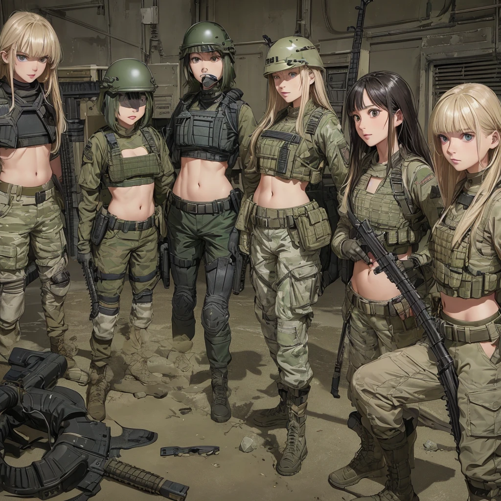 An army of Womens in crop top military bulletproof vest , military green cargo pants, belt, military helmet, tactical, ((((everyone open navel)))), ((((holding a m16))))