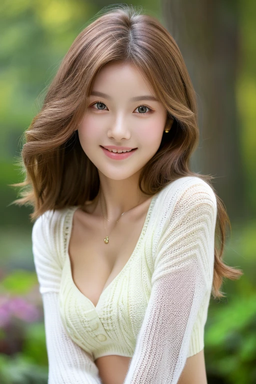 ((masterpiece: 1.4, highest quality))+,((highest quality)), ((masterpiece)), (detailed), whole body、wallpaper、Russian Beauty、20-year-old、Attention to detail、Perfectly balanced body、Tight waist、Smiling Kindly、Light brown hair、Fine white skin、(masterpiece:1.3), Best image quality: 1.4, (Rough long hairstyle:1.2)、Cleavage:1.4、Loose, lightweight knitwear、Shoulder