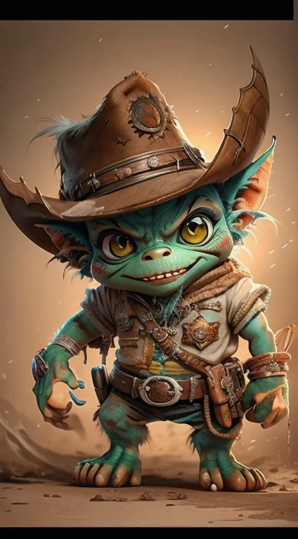 A hyper-realistic masterpiece, a cute cowboy gremlin sheriff, Alberto Seveso style illustration, award-winning photograph, ultra HD, extremely detailed, wild west. a cute cowboy gremlin sheriff, Albero Seveso style illustration, award-winning photograph, ultra HD, extremely detailed, wild west, hyper-realistic masterpiece, intricate detailed design, chiaroscuro lighting, dramatic contrast, cinematic composition, moody atmosphere, vibrant colors, warm lighting, rugged texture, weathered appearance, dynamic pose, intense gaze, mischievous expression, whimsical character design.