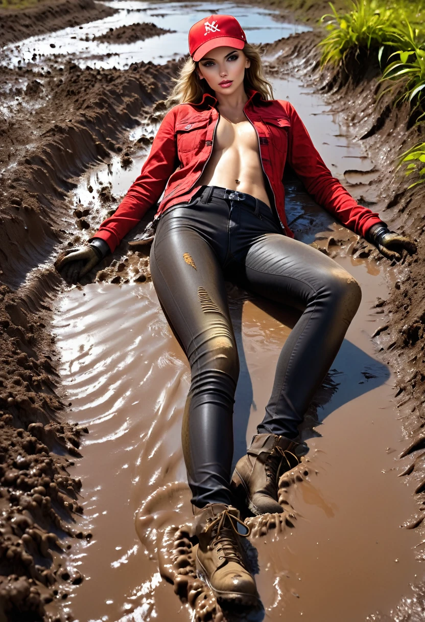 (Slim sexy body girl, long legs), hiking boots, (unzipped muddy washed-out black dirty long tight jeggings:1.5), (open khaki military long sleeves jacket), (open tight red checkered shirt with nipples), (baseball cap), (leather gloves). (lying on mud, spreading legs wide showing crotch). Ultra-realistic. Vibrant colors. Sunny.