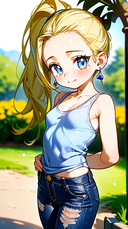 A girl is posing for a photo, cute女の子,
(((Ultra-high resolution)), ((highest quality)), ((masterpiece)), (Very detailed), (Beautiful sparkle), (Anatomically correct)), ((Realistic)), ((The best CG)),
CG illustration, 8k, 1080P, Anime 2D Rendering,
(((One Girl))),
(Symmetrical facial features:1.4, Perfect Face), Beautiful clavicle, (Beautiful fingers), (((Beautiful breasts, Small breasts))), Beautiful body, Beautiful thighs, Beautiful legs, Perfect round ass,
(((Detailed skin, Oily skin, Textured skin, Beautiful white skin:1.4))),
(((Baby Face, cute, 10 years old))),
(Droopy eyes, Expression of fine eyes, Beautiful and delicate eyes, Sparkling eyes, Eye Reflexes, Dark Eyes),
(Beautiful Nose,Thin Nose),
(Smaller mouth, Glossy lips, Beautiful Lips, Thick lips),
(Beautiful Hair, Shiny Hair, Shiny Hair), Hair fluttering, (((Blonde, ponytail, Forehead))),
((Black tank top、Blue denim jacket))、((Blue denim skinny pants)), sneakers, Earrings、Silver Necklace,
BREAK
(smile、Embarrassed expression、Blushing),
(Character Focus, Cowboy Shot),
((noon、Sunlit park)),