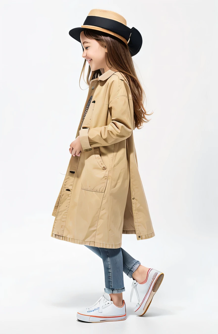 A man wearing jeans and a fedora is walking with a skateboard against a white background, (12Year old girl:1.66) ,smile、I'm not wearing socks(girl)Black Hair,(Double knit chest:1.37),(smile:1.37), (White sneakers),(Light floral skirt:1.37),(Long skirt:1.37)Fager walking, Full body cute young woman, Side view of her taking a step, Standing girl, Cute girl's, Go right, Full body image, Looking into the camera