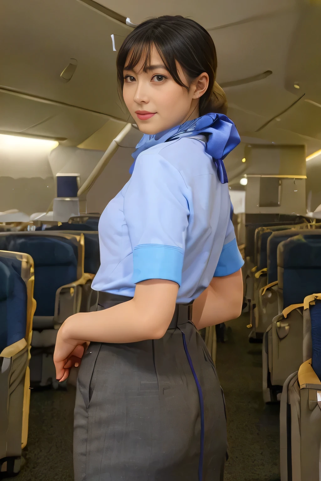 masterpiece:1.2、highest quality:1.2)、32K HDR、High resolution、(alone、1 girl、Slim figure)、２５Old Japanese woman、（Realistic style wearing the ANA cabincrew uniform）、 (At the airport entrance, Professional Lighting)、A proper woman, Beautiful Face,、（ANA cabincrew uniform）、（Short sleeve light blue blouse）、（ANA cabincrew uniform skirt with blue stripe on the back）、（Scarf around the neck）、Big Breasts、（Long hair updo、Chignon）、Dark brown hair、Long Shot、（（Fine hand：2.0））、（（Harmonious body proportions：1.5））、（（Normal limbs：2.0））、（（Normal finger：2.0））、（（Delicate eyes：2.0））、（（Normal eyes：2.0））)、Beautiful back view、smile