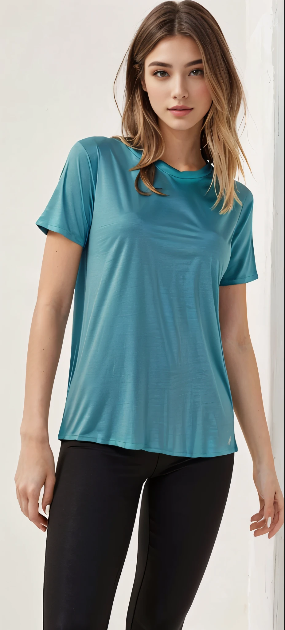 a woman in a camiseta verde and black leggings poses for a picture, camiseta azul apertada, modern Roupa casual, Manga curta, camiseta, camiseta cinza, camiseta verde, Roupa casual, Blue-oil tunic, in teal clothes, roupas modernas casuais, vestindo uma camiseta, in a dark teal t-shirt, camiseta T-shirt