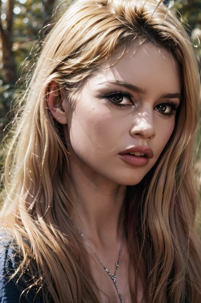 Detailed Photo of 1 bbardot woman with dark eye makeup, detailed face, Beautiful, Perfect Eyes, (highly detailed skin:1.1), perfect body, Professional Photography, Soft Lighting, Photorealistic, Realistic, ((Fog:1.2)), ((in a Forest background)), blurred background, volumetric fog, God Rays, Bokeh, RAW, analog style, sharp focus, 8k, high res, DSLR, high quality, Fujifilm XT3, film grain, award winning, stunning