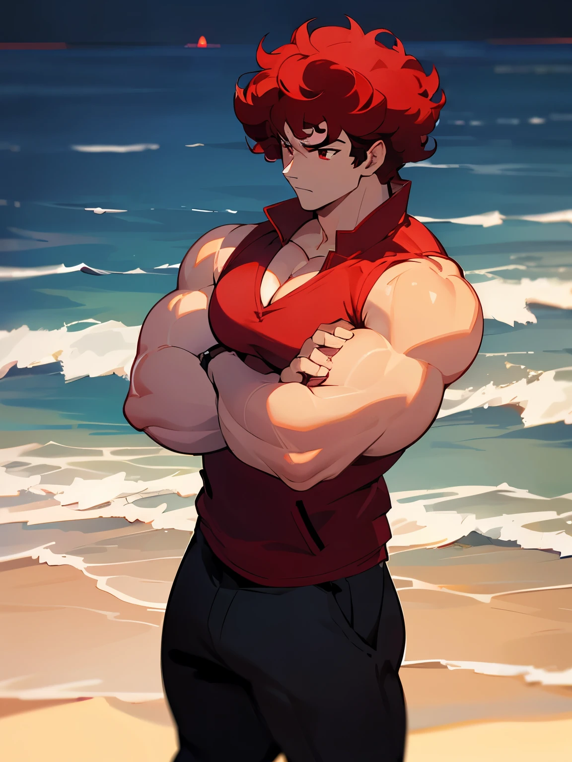 1male, one male, Dark Red Hair,Short Hair, Crimson Red Eyes, Muscular, Curly Hair, sleeveless Red shirt, Black Pants, serious expression, Red Aura, red ruby gem on chest, beach background, arms in pockets, black jacket,sunset
