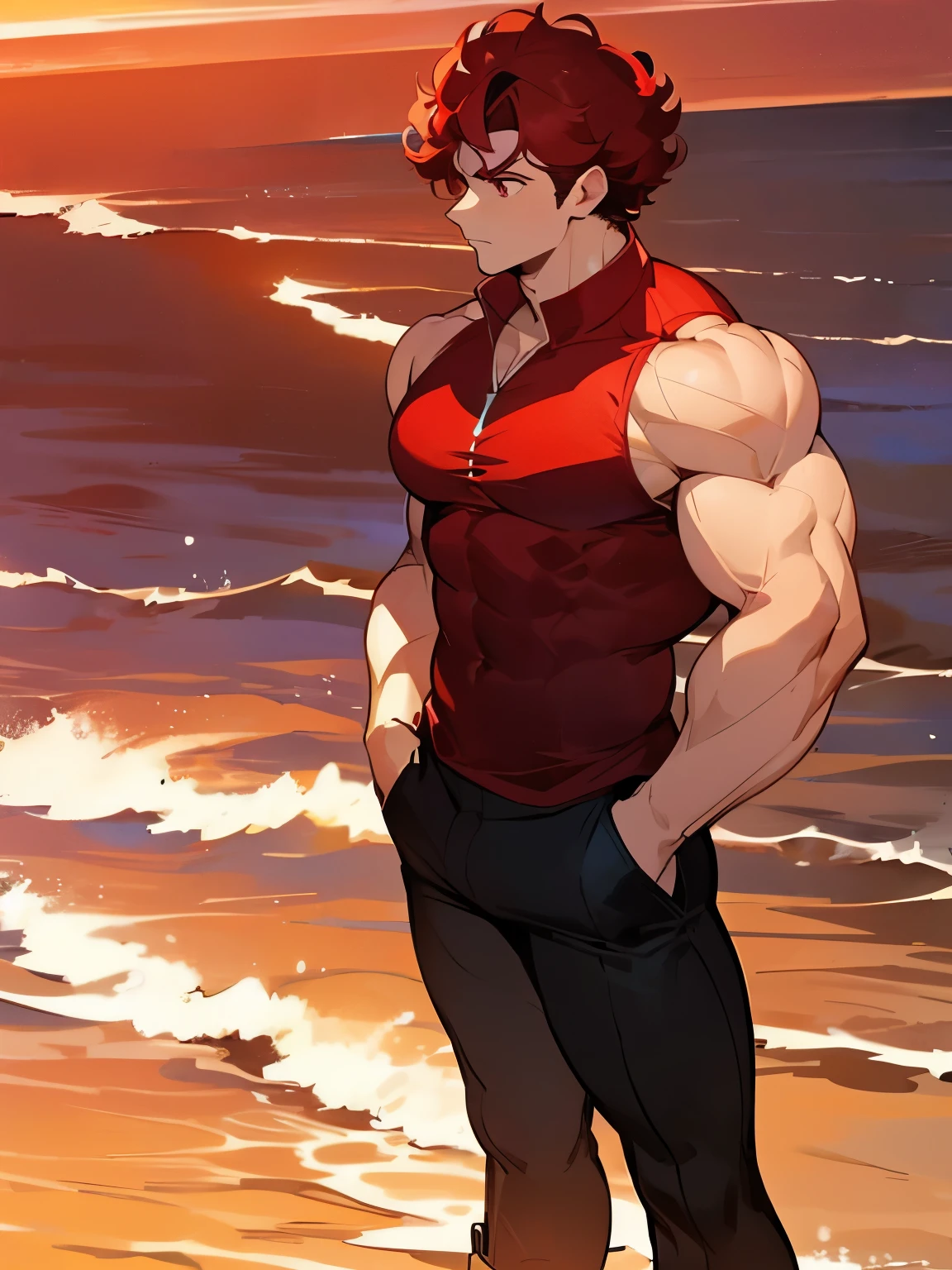 1male, one male, Dark Red Hair,Short Hair, Crimson Red Eyes, Muscular, Curly Hair, sleeveless Red shirt, Black Pants, serious expression, Red Aura, red ruby gem on chest, beach background, arms in pockets, black jacket,sunset
