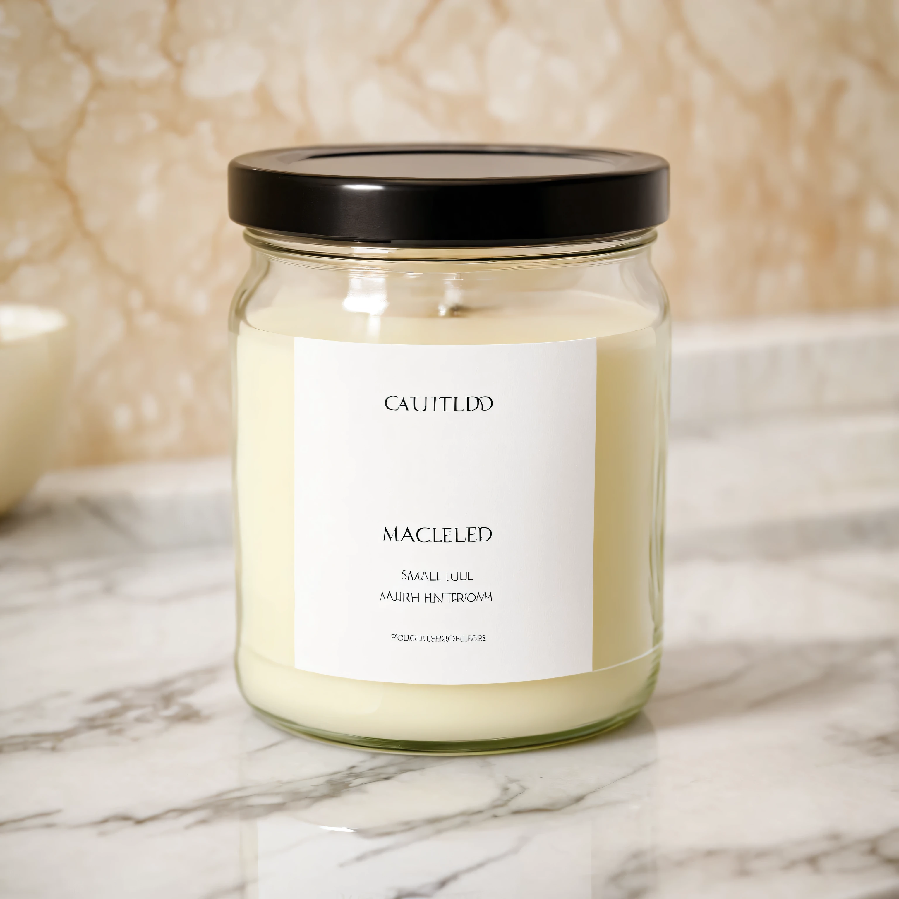 Mockup empty, a blank small candle in a jar with white label and black lid, on a cream marble countertop, in the luxurious bathroom in defocused background, high end and classy style, shot on 50mm lens, sony a7s camera, shallow depth of field, professional photography
