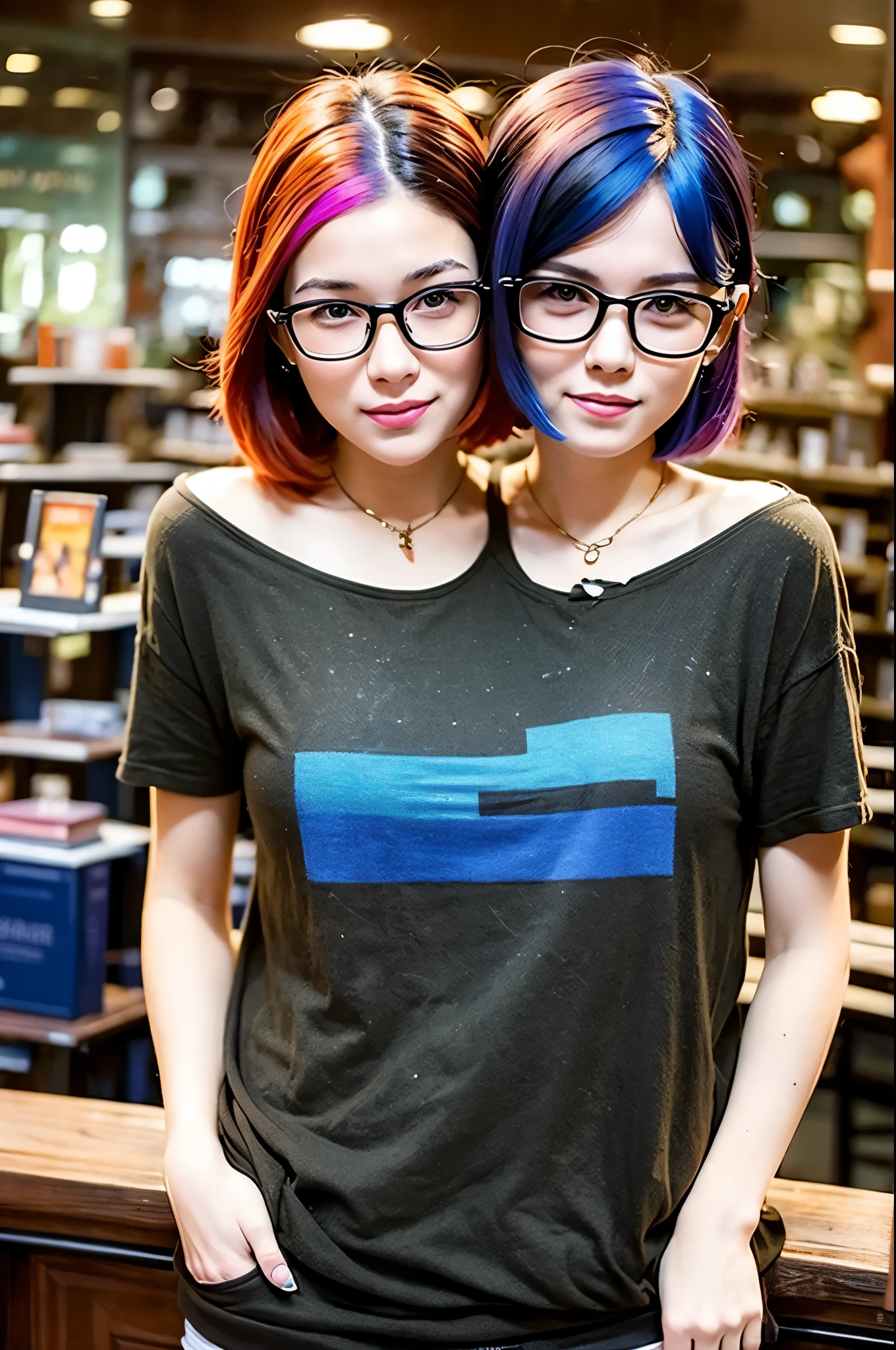 2heads, female couple, age 28, two heads on one body, one torso, hipsters, multicolored hair, hipster fashion, in bookstore,