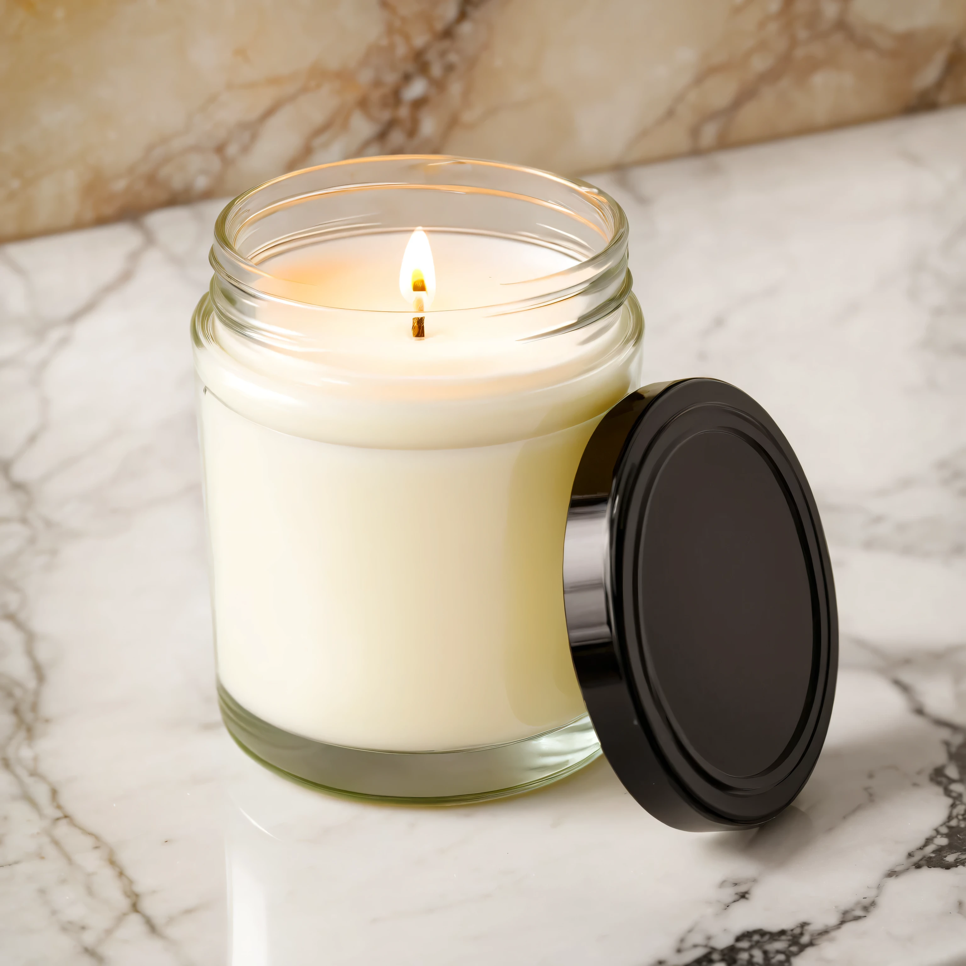 Mockup empty, a blank small candle in a jar with white label and black lid, on a cream marble countertop, in the luxurious bathroom in defocused background, high end and classy style, shot on 50mm lens, sony a7s camera, shallow depth of field, professional photography