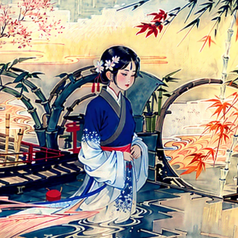 colorwater, negative space, girl, woman, lips, (trees:0.5), (flowers:0.6) ,(birds:0.2), (bamboo0.1), lakes, Hangzhou,