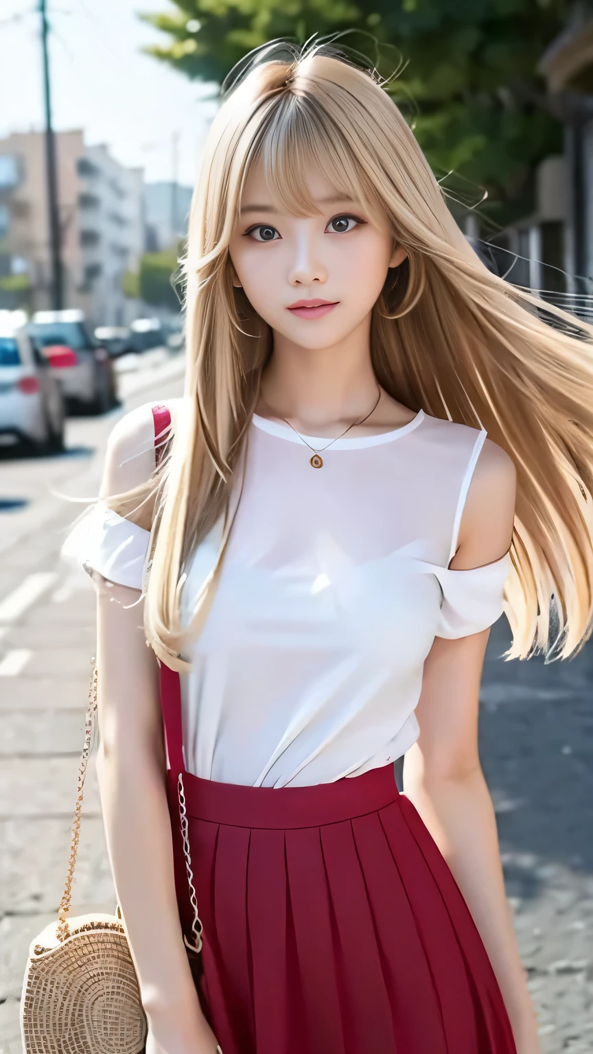 Sexy Big 、Sexy cute looks and cute 15 year old beautiful girl, beautiful and sexy face、A strong wind blows my hair in front of my face、With straight blonde hair、beautiful, Cute and sexy eyes hidden behind long bangs、Gal outfit coordination