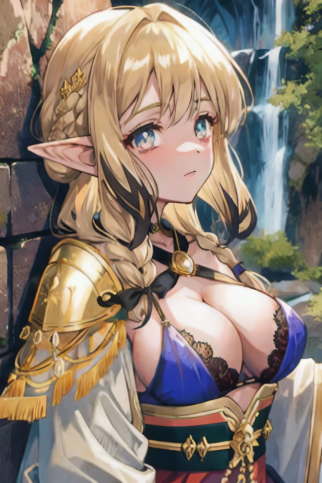 upper body close-up, breasts on display, bra, druid female elf, layer cloth armor with lace, gold silk cloak, intricate floral bloack with gold highlight pattern, long dark blonde hair, waterfall braid hairstyle, detailed face and eyes, young woman, ancient ruins wall background, volumetric light, god rays, black and gold silk outfit, woman accessories