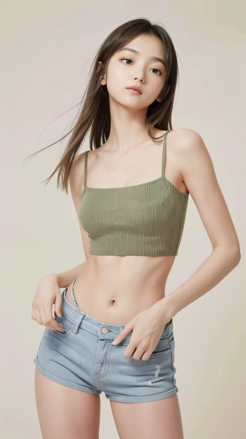 masterpiece,highest quality,1 Girl,delicined face, 前hair, just_arm, just_shoulder, green_eye, clavicle, (high resolution:1.48)、(:1.48)、(Very thin waist:1.48)、(Very attractive:1.48)、cowboy_shot, crop_superior, High leg, High leg, length_hair, looking for_in_peeping in the viewer, belly button, Realistic, 一人in, Are standing,