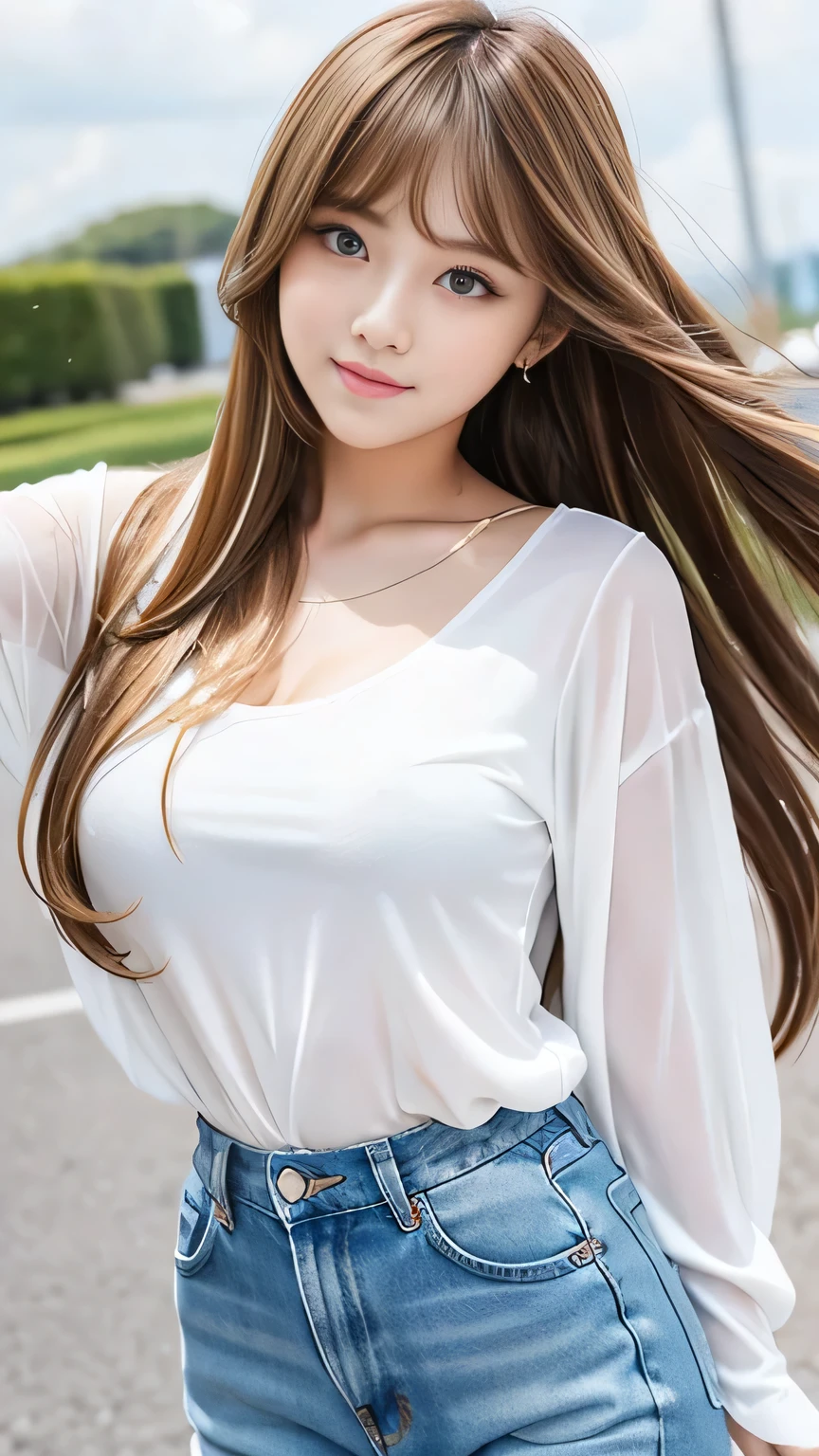 Sexy Big 、Sexy cute looks and cute beautiful girl, beautiful and sexy face、A strong wind blows my hair in front of my face、With straight blonde hair、beautiful, Cute and sexy eyes hidden behind long bangs、Gal outfit coordination