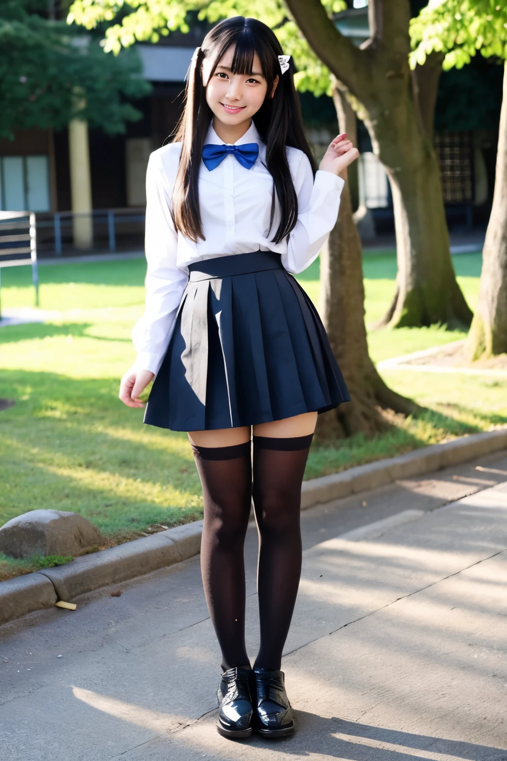 Standing in the schoolyard、Idol-style long black hair、Cute high school girl in Japan、Uniform miling、Full body portrait