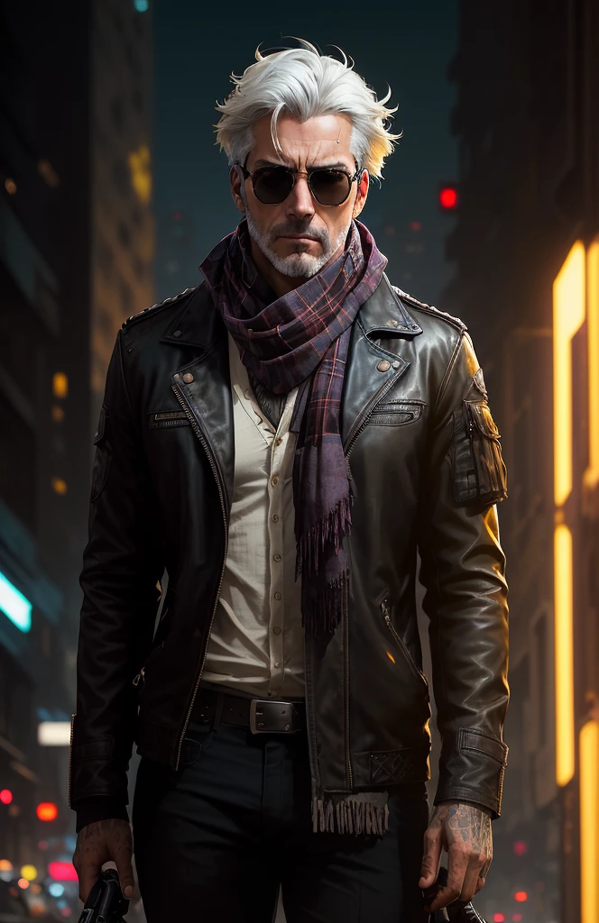 (dark shot:1.1), epic realistic, portrait of a man with short hair, sunglasses, blue eyes, tartan scarf, white hair by atey ghailan, by greg rutkowski, by greg tocchini, by james gilleard, by joe fenton, by kaethe butcher, gradient yellow, black, brown and magenta color scheme, grunge aesthetic!!! graffiti tag wall background, art by greg rutkowski and artgerm, soft cinematic light, adobe lightroom, photolab, hdr, intricate, highly detailed, (depth of field:1.4), faded, (neutral colors:1.2), (hdr:1.4), (muted colors:1.2), hyperdetailed, (artstation:1.4), cinematic, warm lights, dramatic light, (intricate details:1.1), complex background, (rutkowski:0.66), (teal and orange:0.4)