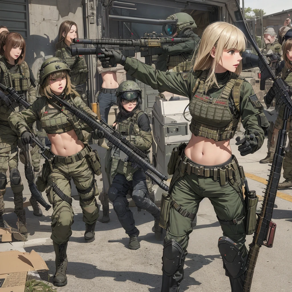 An army of Womens in crop top military bulletproof vest , military green cargo pants, belt, military helmet, tactical, (open navel), ((((aiming an m16))))