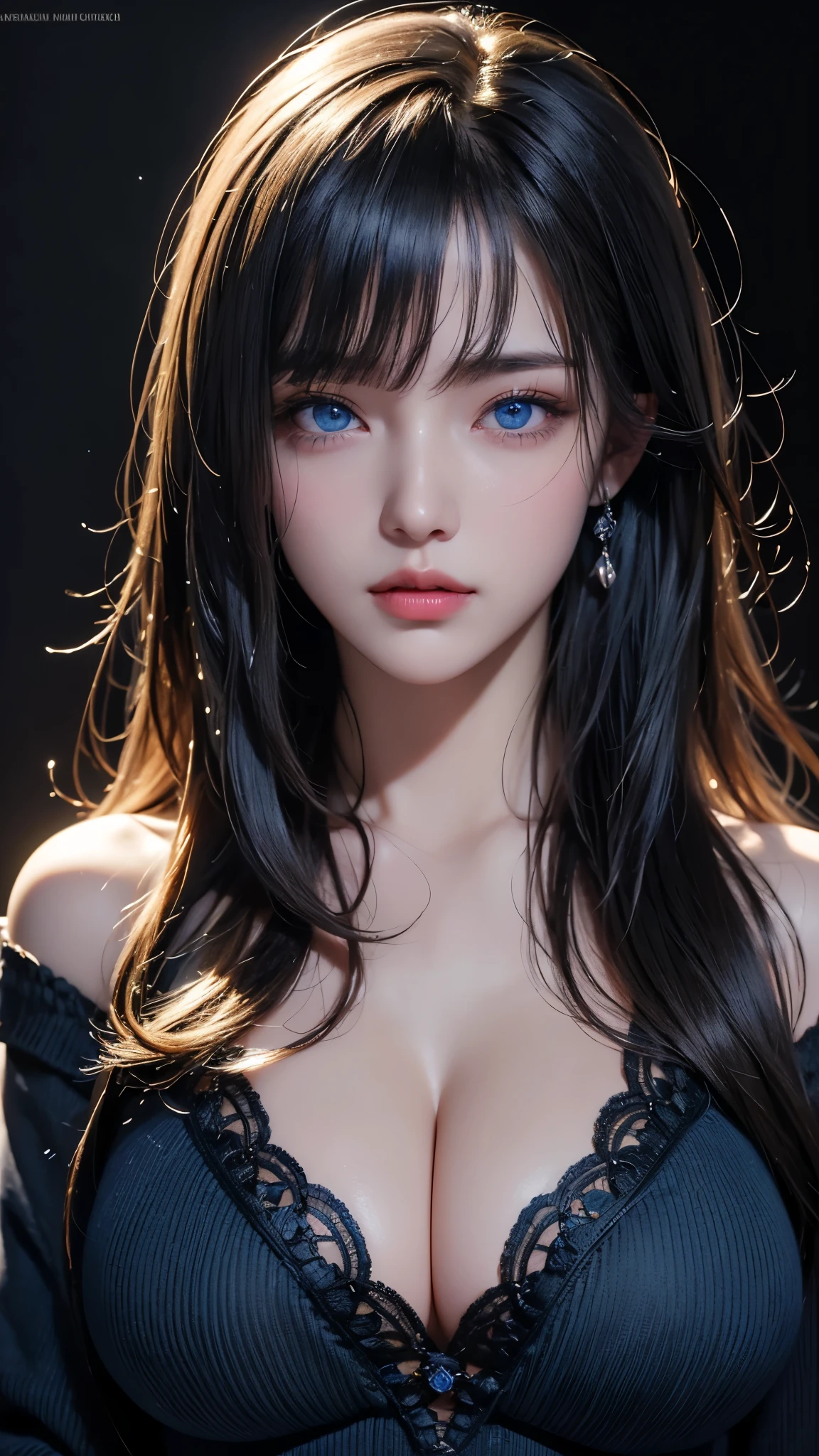 masterpiece, highest quality, Super detailed, Facing the camera, 複雑に詳細なSuper detailed, Realistic, Sharp features, Very detailed, Sharp focus, Perfect Face, Perfect Face, Perfect symmetrical perfect eyes, Perfect Plump Lips, Flexible female form, Cinematic, Film Light, Super detailed, hyper Realistic, masterpiece, Atmospheric, High resolution, Vibrant, Dynamic Studio Lighting, ((Dark Background)), The expression when enduring pleasure, Straight bangs, blue eyes,Black sweater, Cowboy Shot,The cleavage is visible