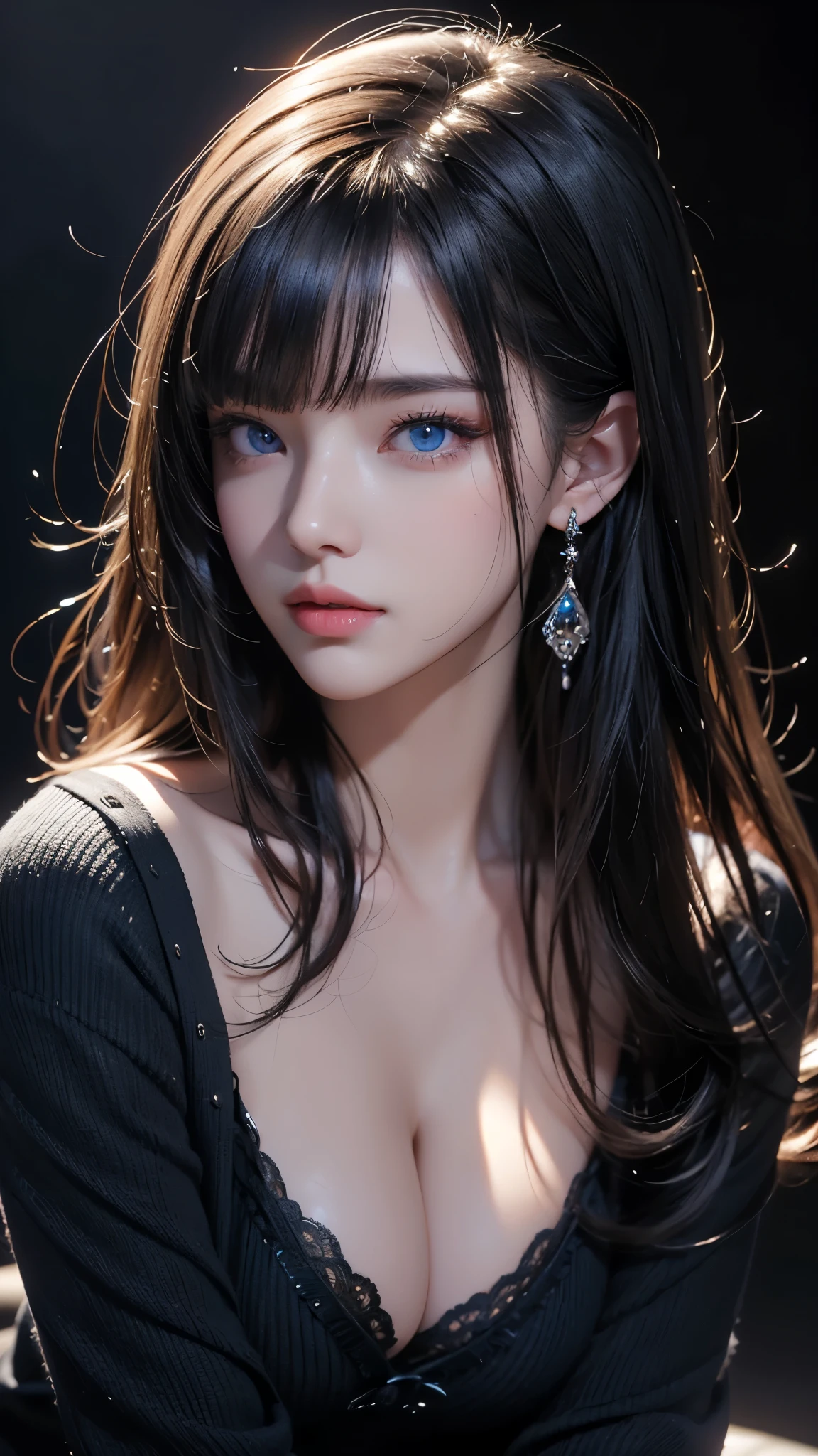 masterpiece, highest quality, Super detailed, Facing the camera, 複雑に詳細なSuper detailed, Realistic, Sharp features, Very detailed, Sharp focus, Perfect Face, Perfect Face, Perfect symmetrical perfect eyes, Perfect Plump Lips, Flexible female form, Cinematic, Film Light, Super detailed, hyper Realistic, masterpiece, Atmospheric, High resolution, Vibrant, Dynamic Studio Lighting, ((Dark Background)), The expression when enduring pleasure, Straight bangs, blue eyes,Black sweater, Cowboy Shot,The cleavage is visible