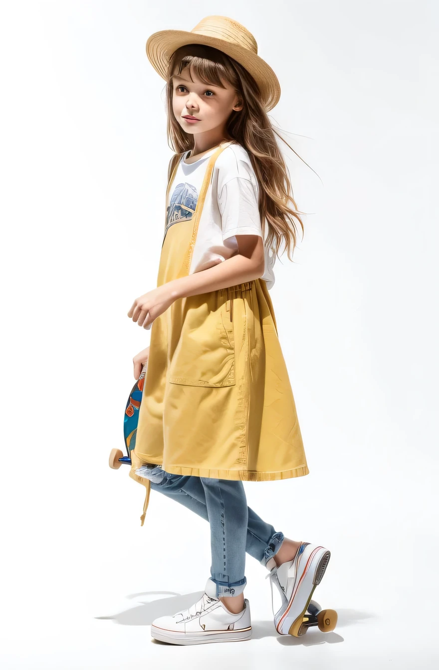 A man wearing jeans and a fedora is walking with a skateboard against a white background, (12Year old girl:1.66) ,(girl)I'm not wearing shoes、Black Hair,(Double knit chest:1.37),(smile:1.37), (White sneakers),Skinny jeans、Fager walking, Full body cute young woman, Side view of her taking a step, Standing girl, Cute girl's, Go right, Full body image, Looking into the camera