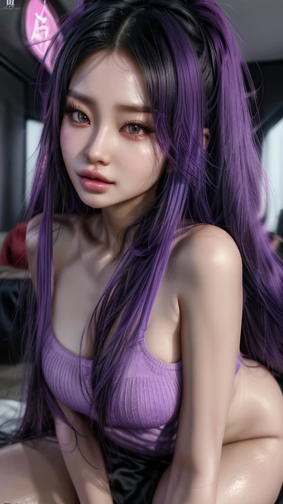 an asian woman, Gradient Long Hair PURPLE with WHITE, 3d artist, 3d model, in the style of realistic and hyper-detailed renderings, In different, Kind, anime-inspired characters, realistic portraiture, heist core, dragon core, dynamic and expressive animations --ar 3:4 --niji 5 --style expressive.