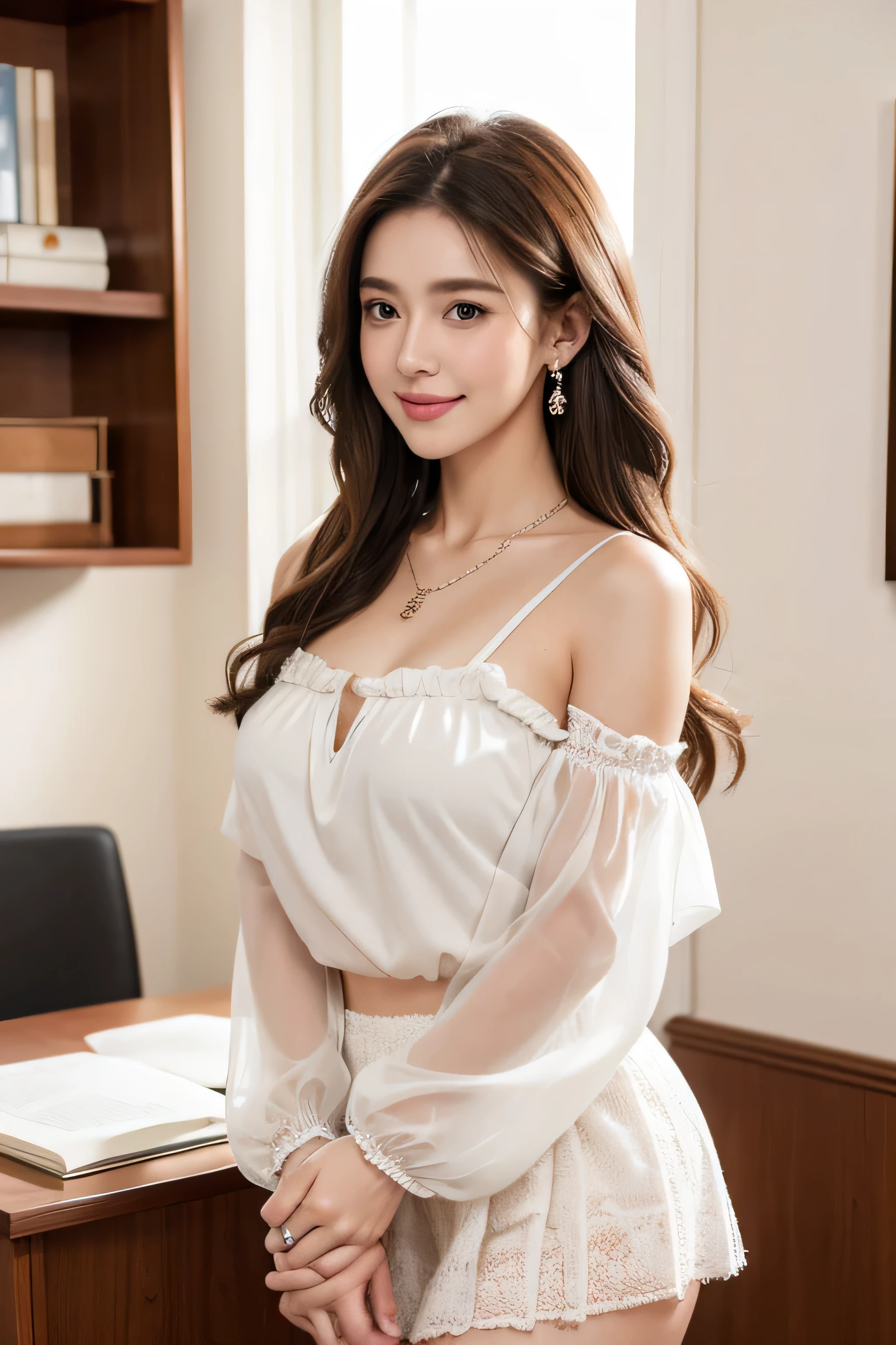 Ultra-high resolution, Better Quality, photo shoot, 4K, (Realistic:1.4) Freckle portrait photography ,  super long brown hair, brown eyes,Wearing frilled white shirt_long see-through sleeves、white flared mini skirt,shy smile,Gorgeous necklace＿Large earrings,in the stylish office at night,Place your left hand gently on your chin，right hand holding