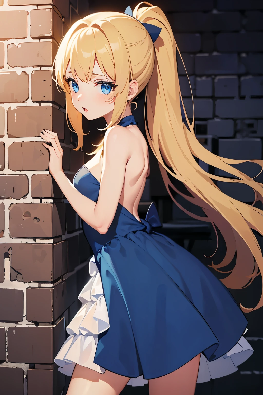 Safe for work, masterpiece, best quality, solo, 1 girl, facing forward, looking at camera, (young female body:1.4), ( medium breasts), slender legs, golden yellow hair, extra long hair, blunt bangs, crystal blue eyes, very detailed eyes, brick wall, nighttime, ponytail, dark alleyway, leaning on wall, dark blue dress, form fitting dress,  flustered expression, arched back, arching her back, extra short dress, very short blue dress, sleeveless dress, chest pressed against wall, leaning against wall, both hands on wall, arched back, strapless dress, backless dress, exposed back, leaning forward,  drunk girl