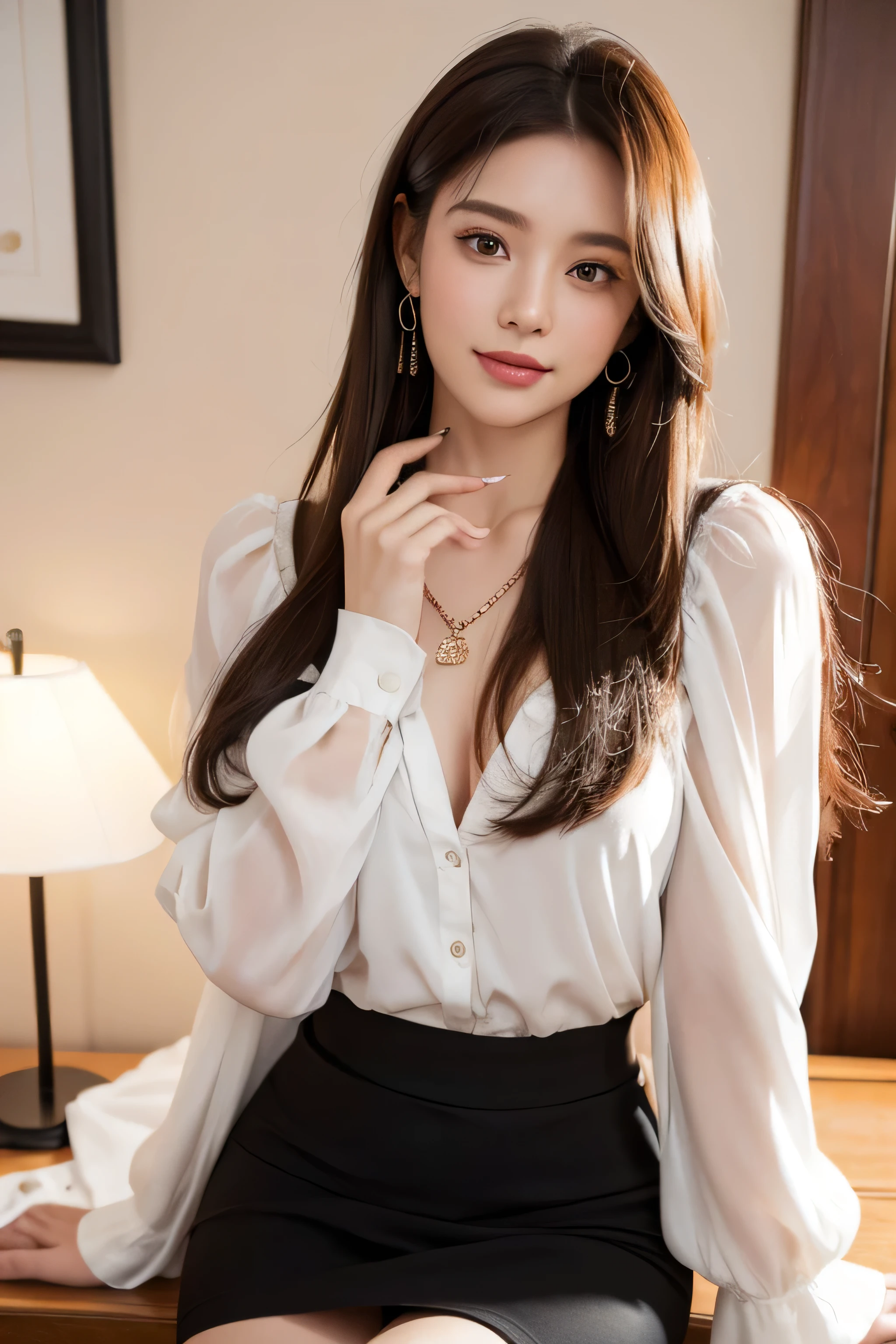 Ultra-high resolution, Better Quality, photo shoot, 4K, (Realistic:1.4) Freckle portrait photography , Big breasts super long brown hair, brown eyes,Wearing frilled white shirt_long see-through sleeves、white flared mini skirt,shy smile,Gorgeous necklace＿Large earrings,in the stylish office at night,Place your left hand gently on your chin，right hand holding