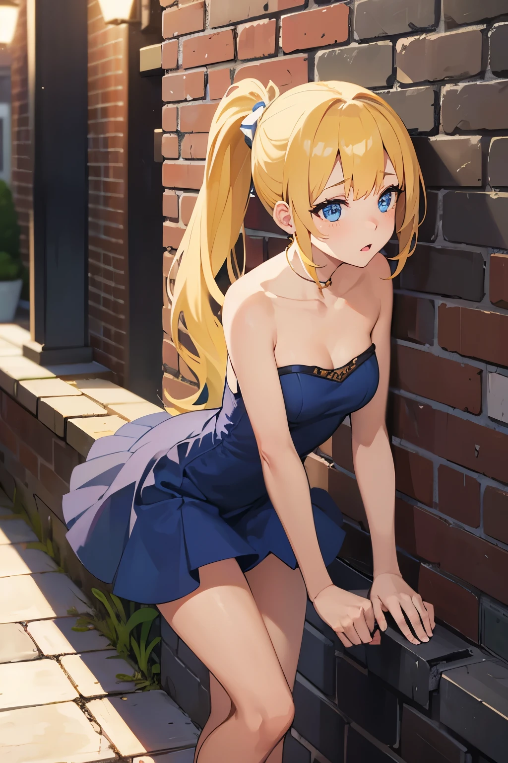Safe for work, masterpiece, best quality, solo, 1 girl, facing forward, looking at camera, (young female body:1.4), ( medium breasts), slender legs, golden yellow hair, extra long hair, blunt bangs, crystal blue eyes, very detailed eyes, brick wall, nighttime, ponytail, dark alleyway, leaning on wall, dark blue dress, form fitting dress, flustered expression, arched back, arching her back, extra short dress, very short blue dress, sleeveless dress, chest pressed against wall, leaning against wall, both hands on wall, arched back, strapless dress, backless dress, exposed back, leaning forward, drunk girl