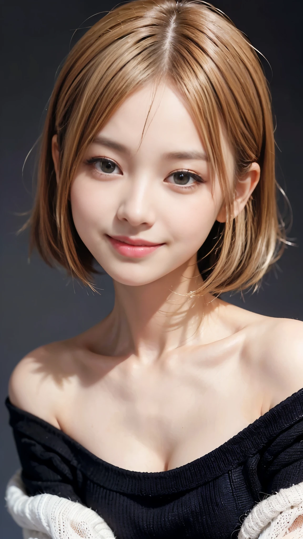 ((highest quality、Masterpiece、High resolution))、(((Zoom photo of upper body)))、(A shy smile:1.2)、One 15-year-old female、Beautiful Skin、Beautiful Eyes、Large Breasts、Black off-the-shoulder sweater、Blonde Hair、Trimmed bangs、Short Bob