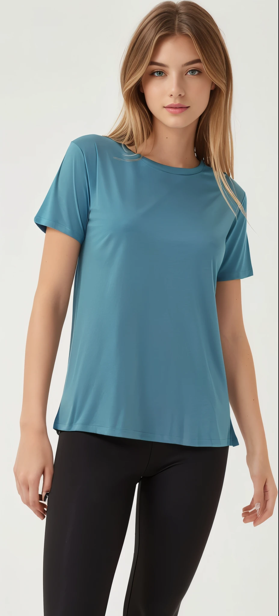 a woman in a camiseta verde and black leggings poses for a picture, camiseta azul apertada, modern Roupa casual, Manga curta, camiseta, camiseta cinza, camiseta verde, Roupa casual, Blue-oil tunic, in teal clothes, roupas modernas casuais, vestindo uma camiseta, in a dark teal t-shirt, camiseta T-shirt