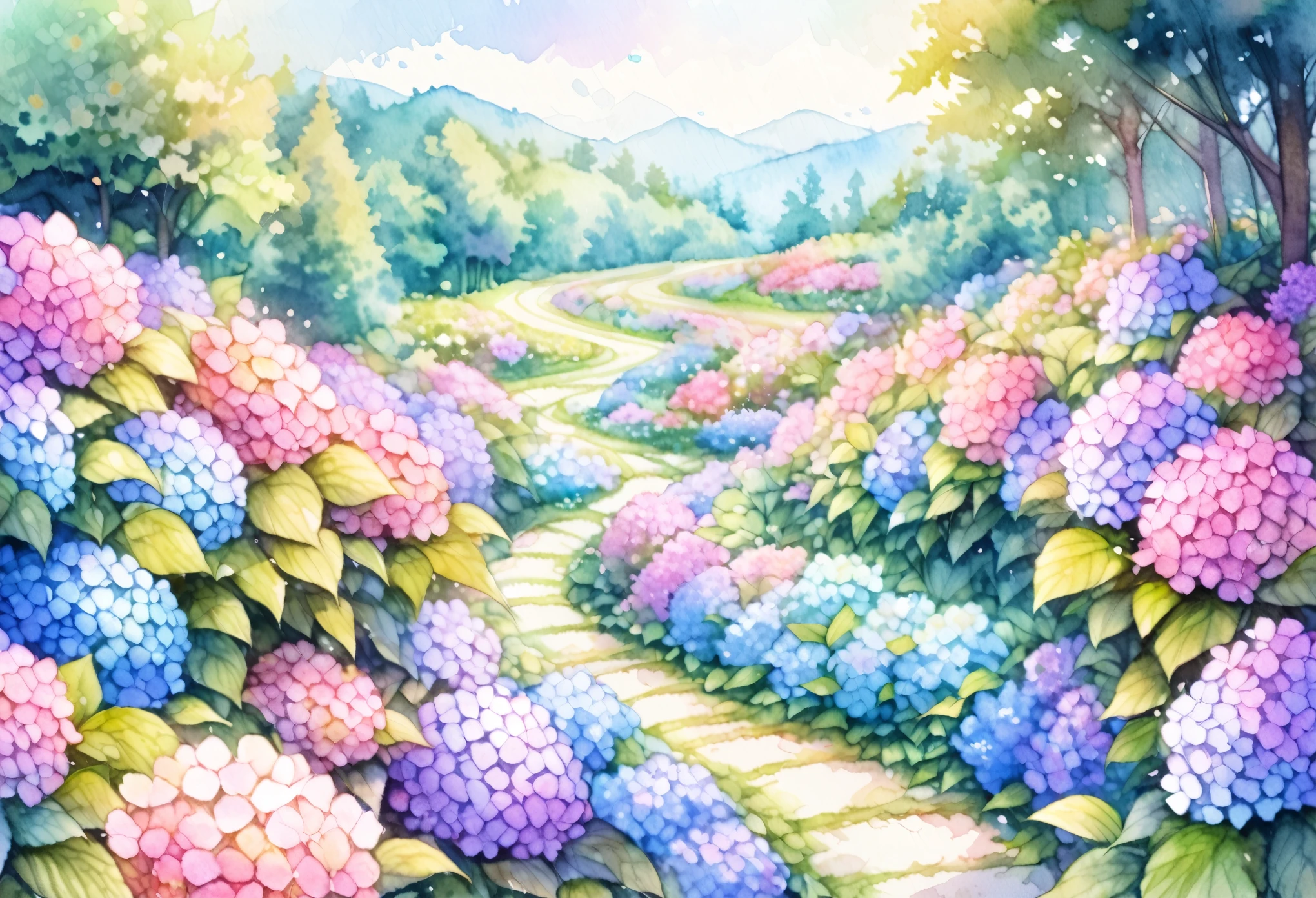 Hydrangea Path, Winding Path, Small hill, ((Colorful flowers, pastel colour)), Watercolor:1.2, Whimsical and delicate, Like an illustration in a children&#39;s book, Gentle brushwork, Dim, The pale colors create a fantastical look,Leave some space around it.