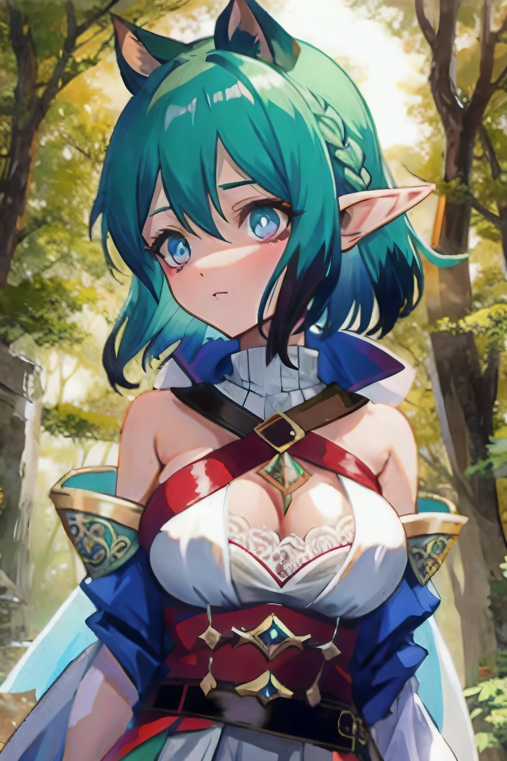 having sex, upper body close-up, breasts on display, bra, druid female elf, multiple stitched layer cloth armor, white silk cloak, intricate floral pattern, long dark blonde hair, waterfall braid hairstyle, detailed face and eyes, young woman, forest lake with ruins background, volumetric light, god rays, long elf ears, green and white silk outfit, wooden accessories