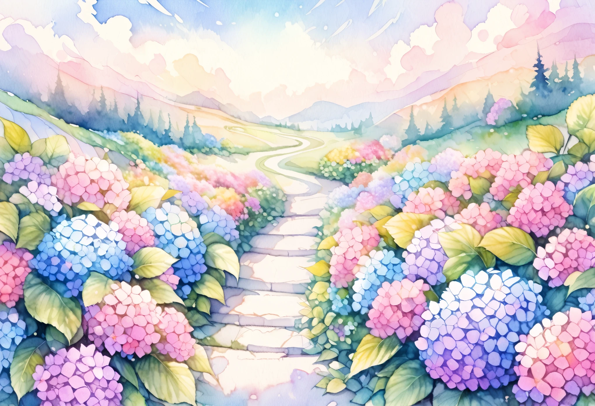 Hydrangea Path, Winding Path, Small hill, ((Colorful flowers, pastel colour)), Watercolor:1.2, Whimsical and delicate, Like an illustration in a children&#39;s book, Gentle brushwork, Dim, The pale colors create a fantastical look,Leave some space around it.