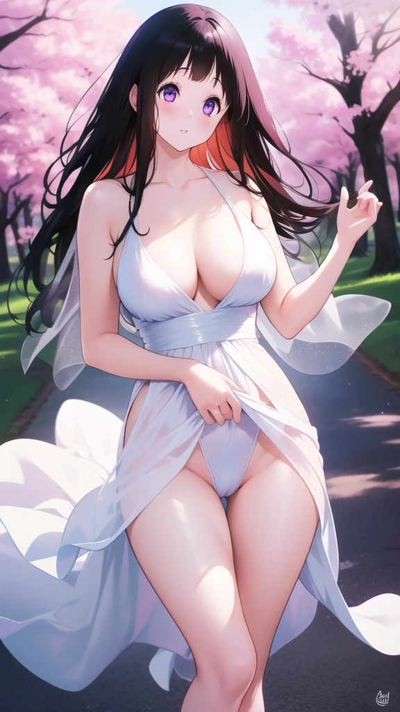 Amazing Chitanda, There is only one beautiful girl,Purple Eyes, Black Hair, Very red face,Very white skin,Glowing skin,Skin as delicate as porcelain,Naturally straight hair, Straight bangs,Extremely refined,Open lips,Long flowing hair,Beautiful Girl, Like a dream,Slim,Slim waist,Soft, (Sensual), (Kawaii), Dream quality,Beautiful big breasts,Areola,Completely naked,Standing on the side,Wearing a transparent wedding dress,Deep V neckline,Loose neckline,Wide neckline,by the lakeside,Light transmission,Under the cherry trees,no pants,Cat Juice,Bare shoulders,Bare neck,Exposed collarbone,Exposing breasts,Exposing breasts侧面,Show your waist,Show your buttocks,Show your thighs,Exposing the groin,No pants,extremely shy,Ultra-high resolution, (masterpiece:1.2, best quality), (Delicate and beautiful eyes: 1.2), (Beautiful and delicate face)
